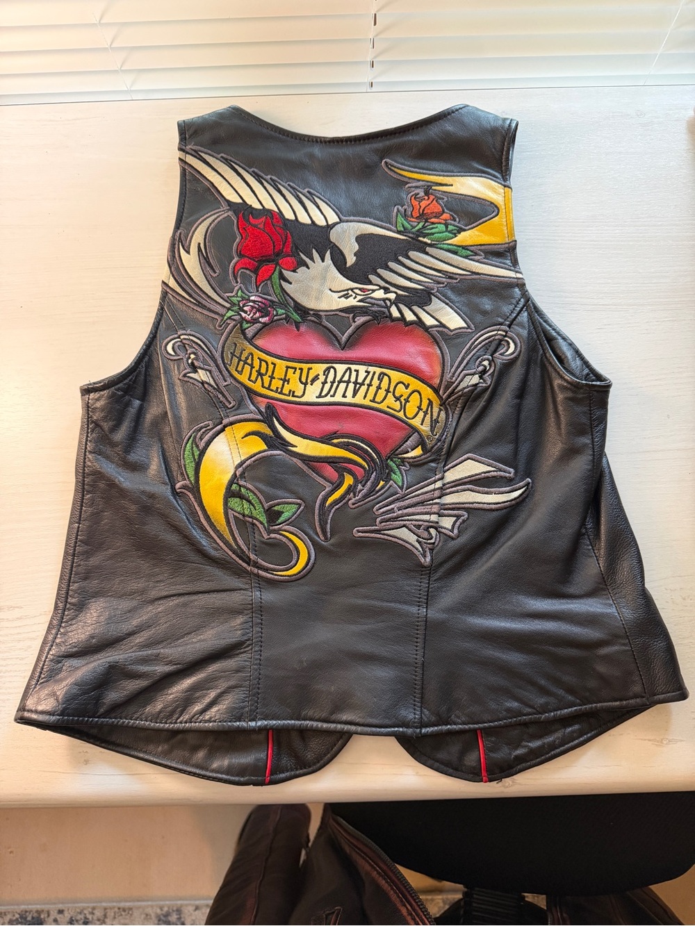 Harley-Davidson Black Leather Vest with Red Embroidery - Picture 2 of 8
